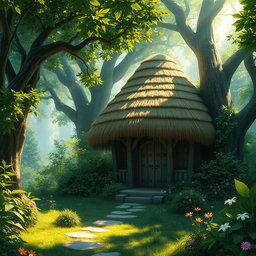 A captivating fantasy scene depicting a charming hut with a dome-shaped roof crafted from thatched straw materials