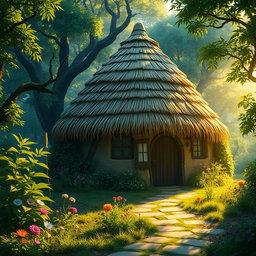 A captivating fantasy scene depicting a charming hut with a dome-shaped roof crafted from thatched straw materials