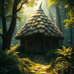 An enchanting fantasy scene showcasing a charming hut with a distinctive dome-shaped roof made of thatched straw materials