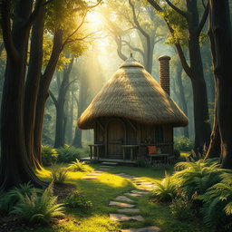 An enchanting fantasy scene showcasing a charming hut with a distinctive dome-shaped roof made of thatched straw materials