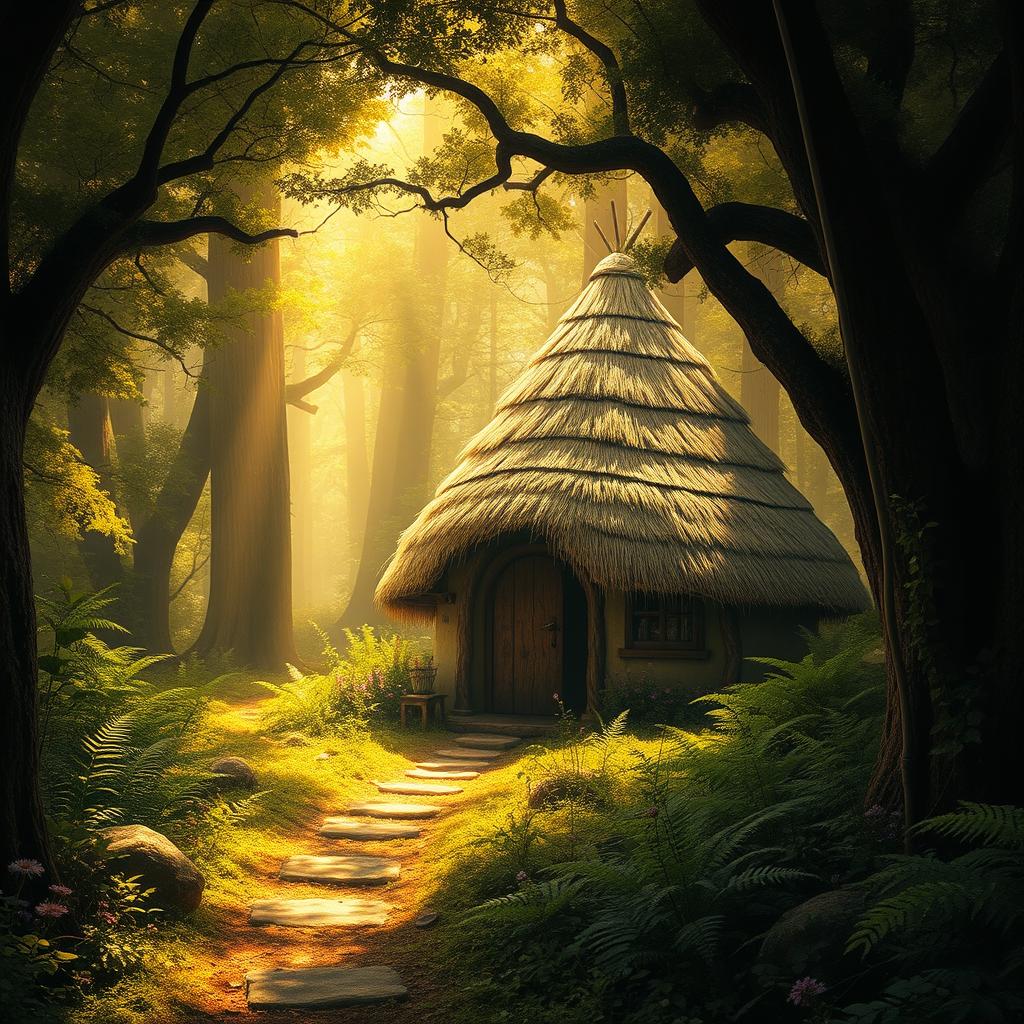 An enchanting fantasy scene showcasing a charming hut with a distinctive dome-shaped roof made of thatched straw materials