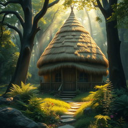An enchanting fantasy scene showcasing a charming hut with a distinctive dome-shaped roof made of thatched straw materials