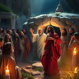 A dramatic scene depicting the resurrection of Lazarus, showcasing a rich biblical atmosphere with vibrant colors