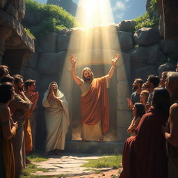 A dramatic scene depicting the resurrection of Lazarus, showcasing a rich biblical atmosphere with vibrant colors
