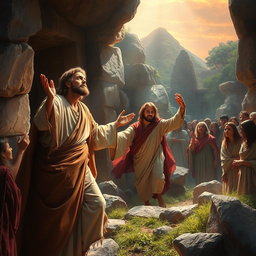 A dramatic scene depicting the resurrection of Lazarus, showcasing a rich biblical atmosphere with vibrant colors