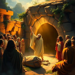 A dramatic scene depicting the resurrection of Lazarus, showcasing a rich biblical atmosphere with vibrant colors