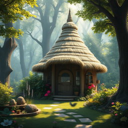 A stunning fantasy image depicting a quaint hut featuring a unique dome-shaped roof made from straw thatched materials
