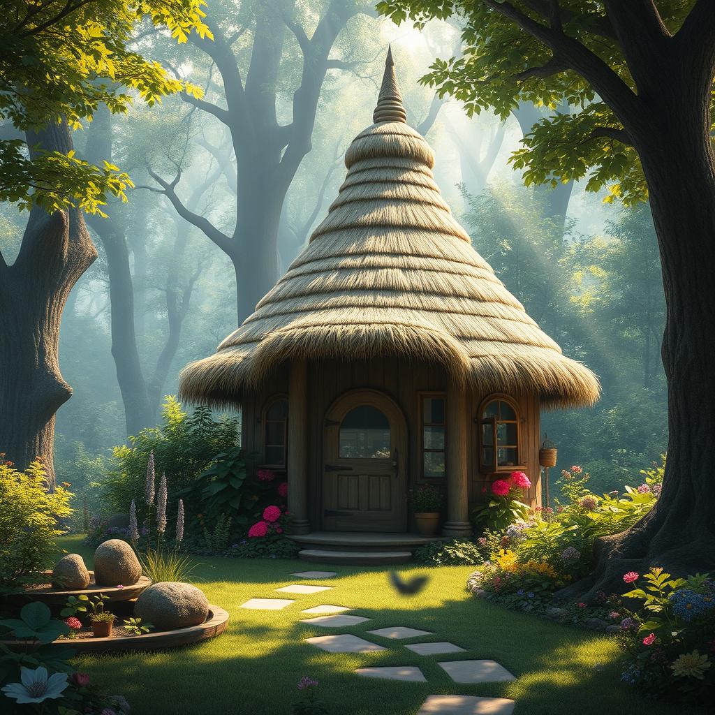 A stunning fantasy image depicting a quaint hut featuring a unique dome-shaped roof made from straw thatched materials