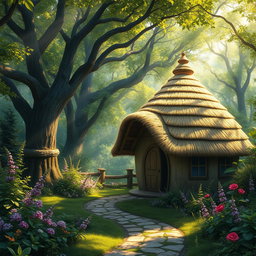 A stunning fantasy image depicting a quaint hut featuring a unique dome-shaped roof made from straw thatched materials