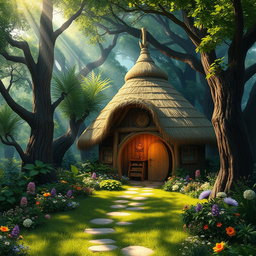 A stunning fantasy image depicting a quaint hut featuring a unique dome-shaped roof made from straw thatched materials