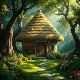 A stunning fantasy image depicting a quaint hut featuring a unique dome-shaped roof made from straw thatched materials