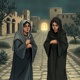 An emotional depiction of the biblical scene in Bethany, where sisters Martha and Mary mourn the death of their brother Lazarus