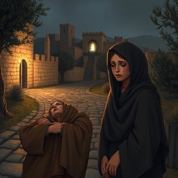 An emotional depiction of the biblical scene in Bethany, where sisters Martha and Mary mourn the death of their brother Lazarus