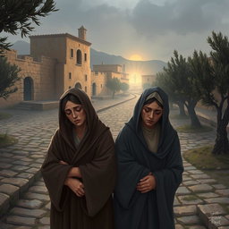 An emotional depiction of the biblical scene in Bethany, where sisters Martha and Mary mourn the death of their brother Lazarus