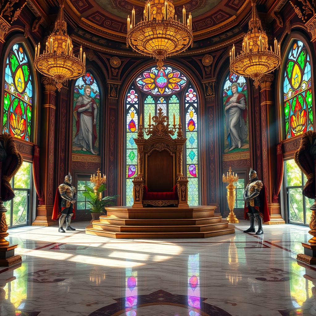 A majestic royal throne room, richly decorated with intricate tapestries and shimmering chandeliers