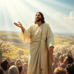 A powerful portrayal of Jesus standing in a radiant light, declaring confidently, 'I am the resurrection and the life