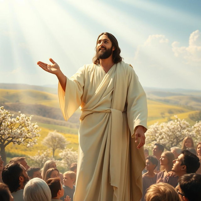 A powerful portrayal of Jesus standing in a radiant light, declaring confidently, 'I am the resurrection and the life