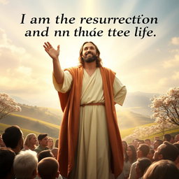 A powerful portrayal of Jesus standing in a radiant light, declaring confidently, 'I am the resurrection and the life