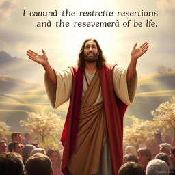 A powerful portrayal of Jesus standing in a radiant light, declaring confidently, 'I am the resurrection and the life