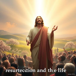 A powerful portrayal of Jesus standing in a radiant light, declaring confidently, 'I am the resurrection and the life