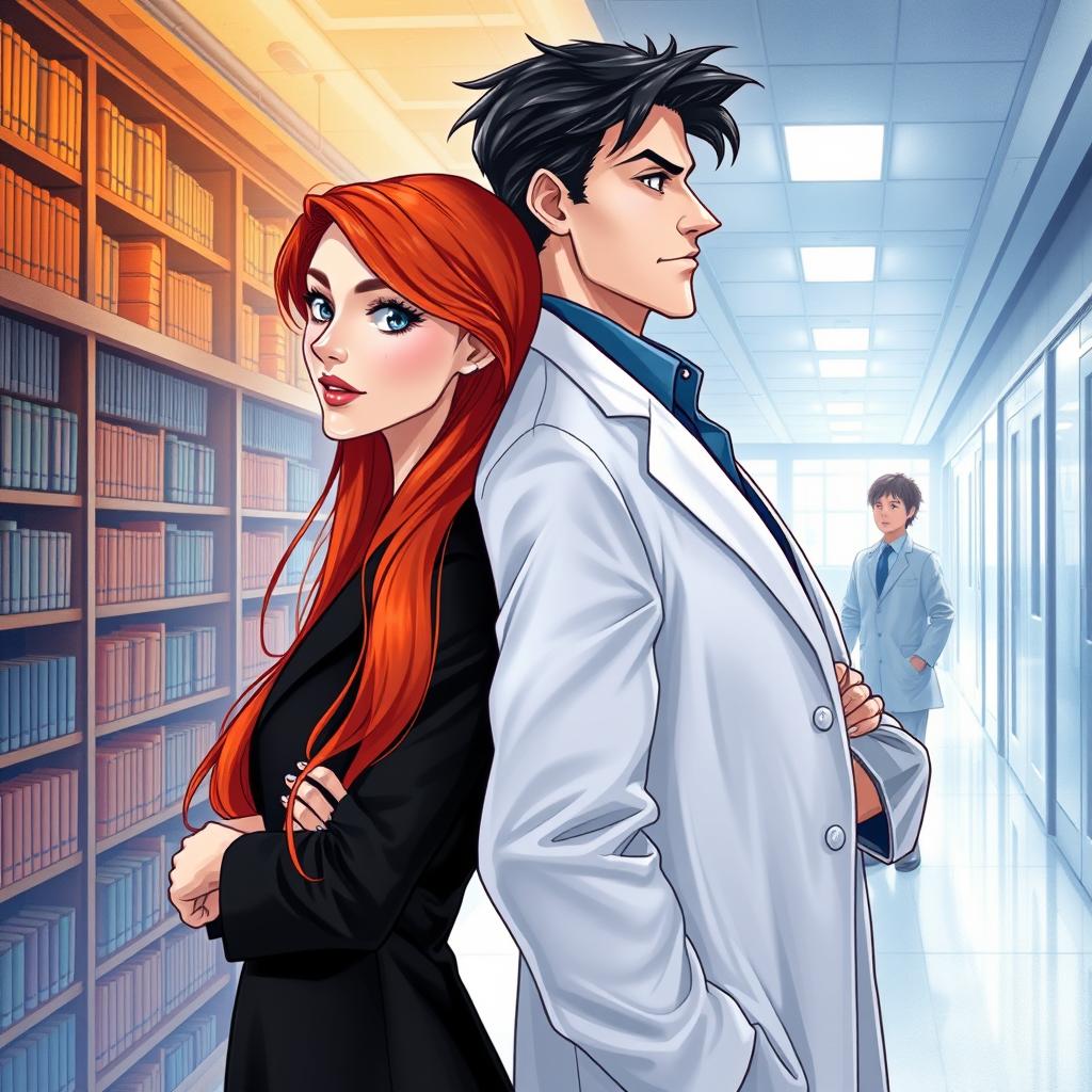 An elongated book cover illustration featuring a white woman with long red hair, dressed in a black suit, turned slightly to the side