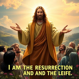 A majestic scene showcasing Jesus arriving with authority, surrounded by a radiant glow as He declares, 'I am the resurrection and the life