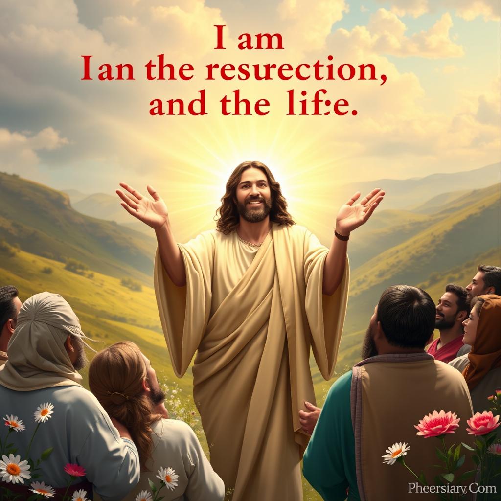 A majestic scene showcasing Jesus arriving with authority, surrounded by a radiant glow as He declares, 'I am the resurrection and the life