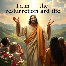 A majestic scene showcasing Jesus arriving with authority, surrounded by a radiant glow as He declares, 'I am the resurrection and the life