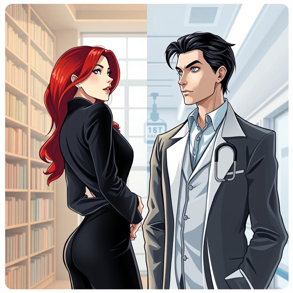 An elongated book cover illustration featuring a white woman with long red hair, dressed elegantly in a black suit, turned slightly to the side to highlight her silhouette