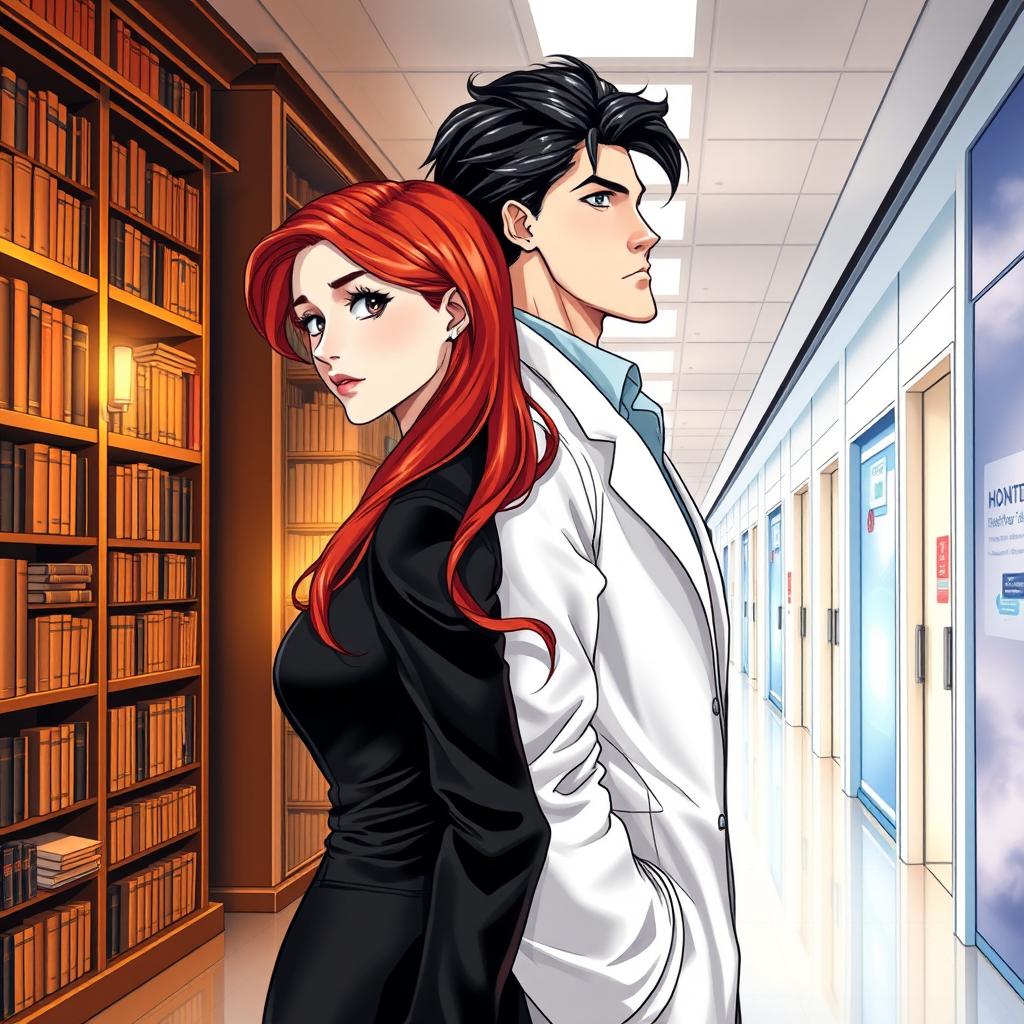 An elongated book cover illustration featuring a white woman with long red hair, elegantly dressed in a black suit, turned slightly to the side