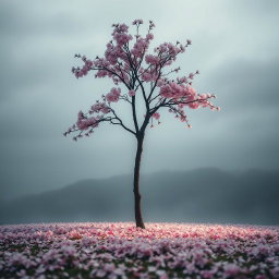 A lone cherry blossom tree, its petals gently falling to the ground, creating a pink carpet of sorrow