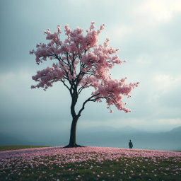A lone cherry blossom tree, its petals gently falling to the ground, creating a pink carpet of sorrow