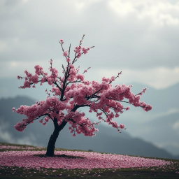 A lone cherry blossom tree, its petals gently falling to the ground, creating a pink carpet of sorrow