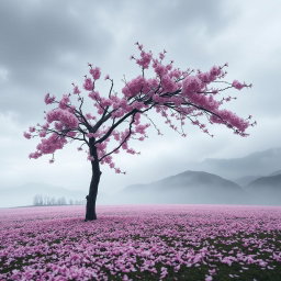A lone cherry blossom tree, its petals gently falling to the ground, creating a pink carpet of sorrow
