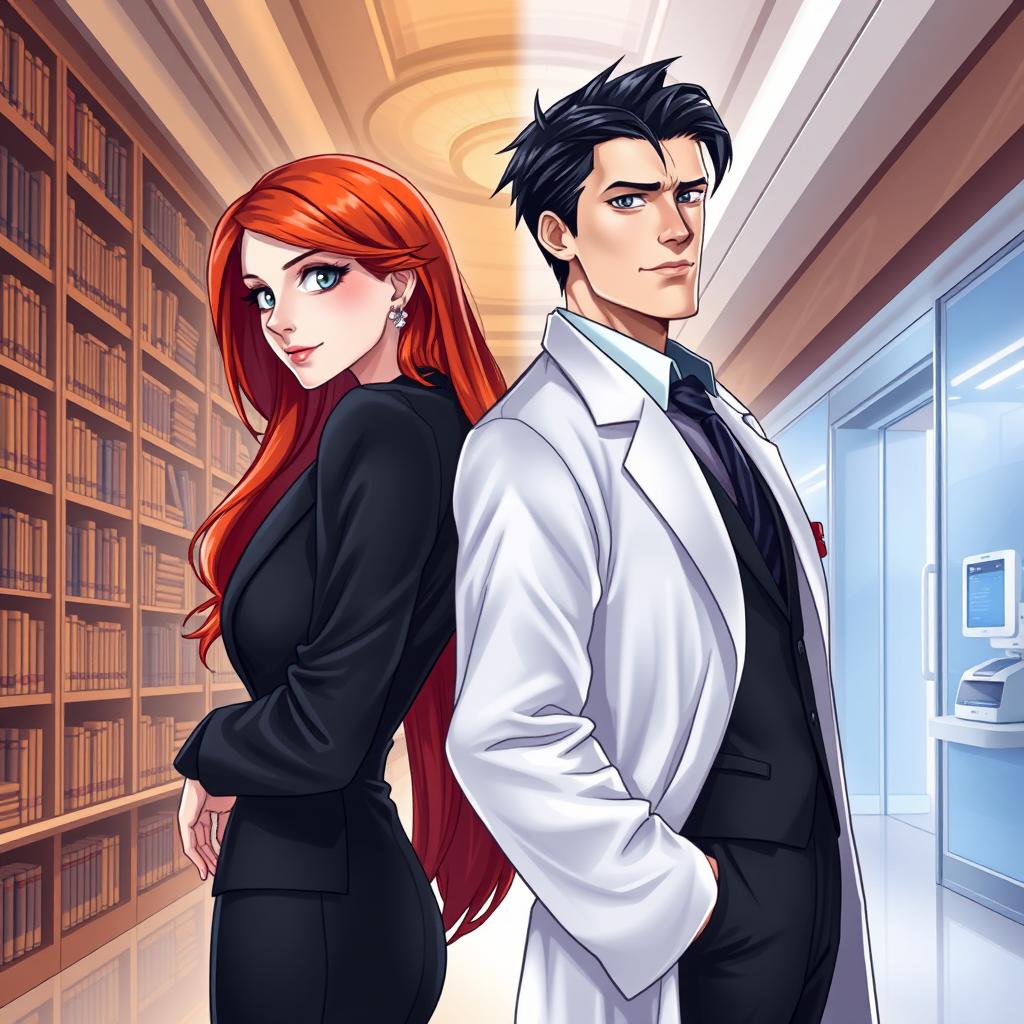 An elongated book cover illustration featuring a white woman with long red hair, elegantly dressed in a black suit, turned slightly to the side