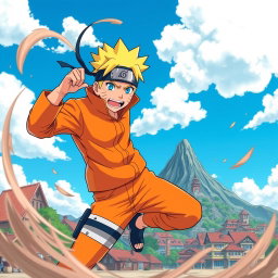 A vibrant scene featuring Naruto Uzumaki in his signature orange jumpsuit, showcasing his energetic and determined expression