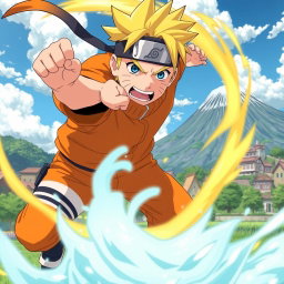 A vibrant scene featuring Naruto Uzumaki in his signature orange jumpsuit, showcasing his energetic and determined expression