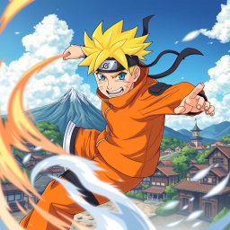 A vibrant scene featuring Naruto Uzumaki in his signature orange jumpsuit, showcasing his energetic and determined expression