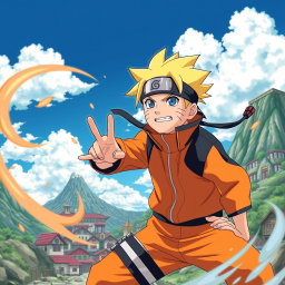 A vibrant scene featuring Naruto Uzumaki in his signature orange jumpsuit, showcasing his energetic and determined expression
