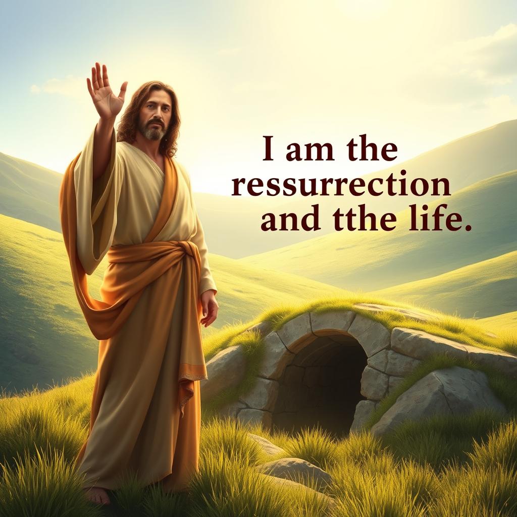 In a beautifully serene landscape with a soft golden light, Jesus stands before the tomb of Lazarus
