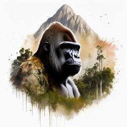 Create an artistic interpretation of Mount Lindesay, Queensland, Australia in the shape of a gorilla using watercolor and pen outlines style.