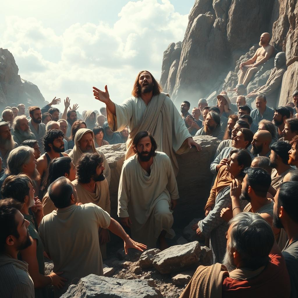 An overwhelming and dramatic scene depicting the moment when Jesus commands Lazarus to rise from the grave