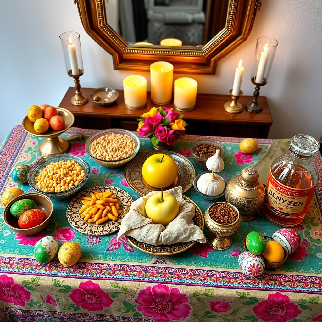 A beautifully arranged Haft-Seen table, showcasing traditional elements of the Persian New Year (Nowruz) celebration