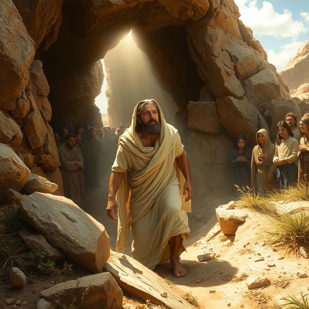 A stunning depiction of the moment Lazarus emerges from the tomb, fully wrapped in burial cloths