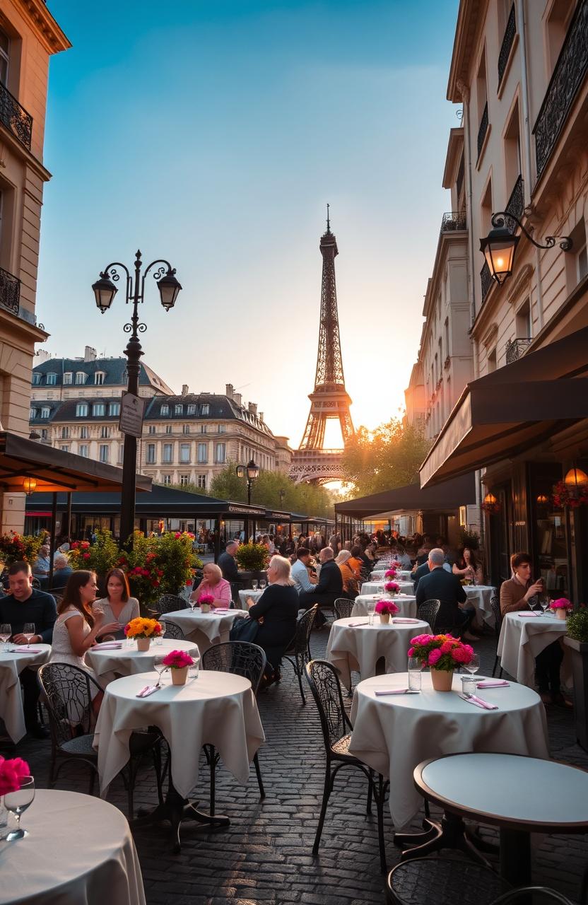 A charming outdoor restaurant in Paris, featuring elegant Parisian bistro decor with small round tables adorned with white tablecloths and colorful flowers