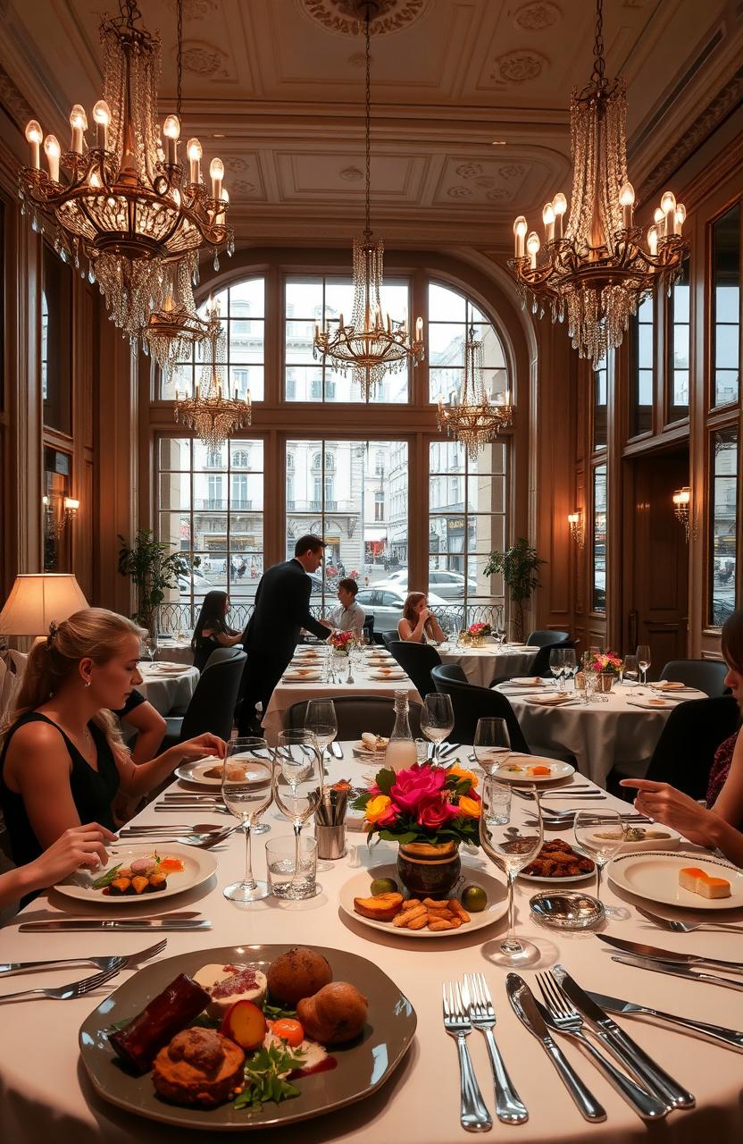 A luxurious restaurant within a hotel in Paris, elegantly designed with French architecture, featuring high ceilings, lavish chandeliers, and large windows offering a view of the bustling Parisian streets