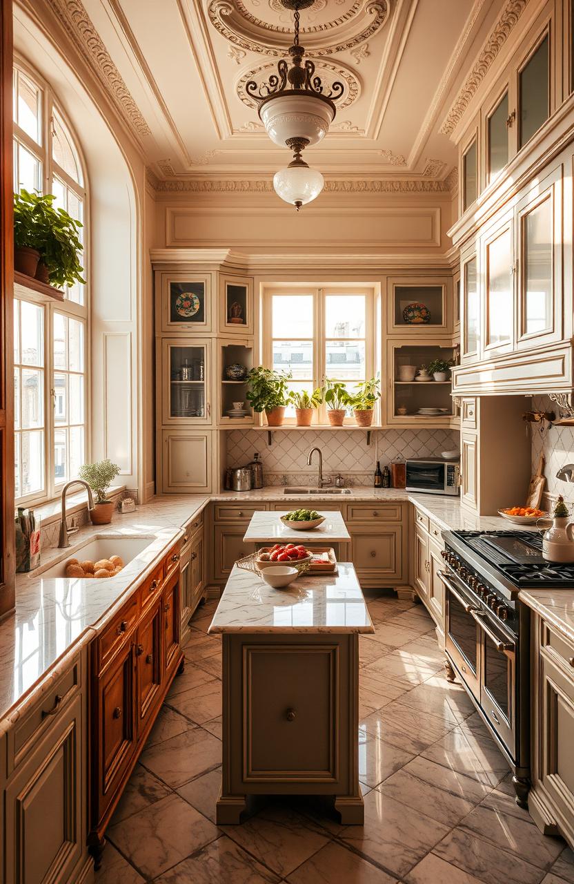 A luxurious kitchen inside a hotel in Paris, featuring elegant decor and high-end appliances