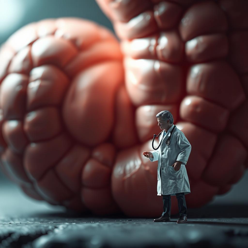 A hyper-realistic scene featuring a tiny doctor, no larger than a bottle cap, engaged in an interaction with a massive stomach