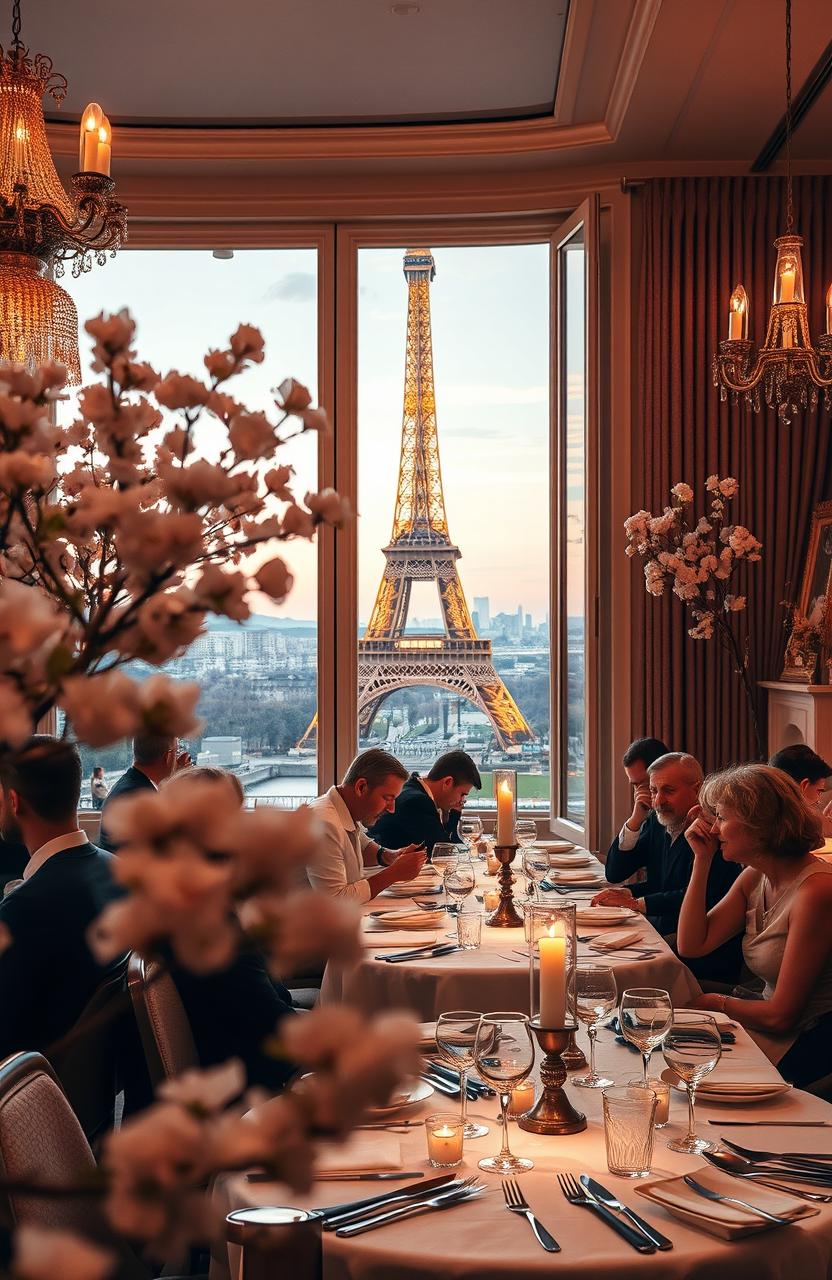 A beautiful restaurant inside a luxurious hotel with stunning views of the Eiffel Tower