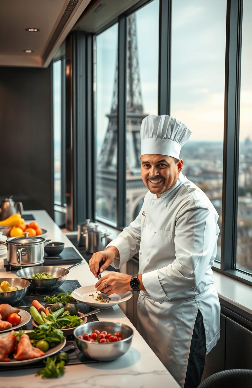 A talented chef wearing a traditional white chef's coat and hat, skillfully preparing gourmet dishes in a modern kitchen located at the top of the Eiffel Tower